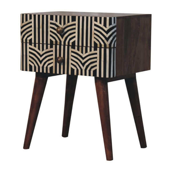 HomeRoots 23" Handcrafted Black, White & Brown Geometric Bone Inlay Nightstand with Two Spacious Drawers 651501