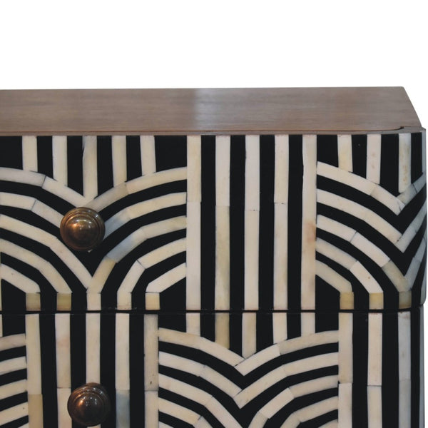 HomeRoots 23" Handcrafted Black, White & Brown Geometric Bone Inlay Nightstand with Two Spacious Drawers 651501
