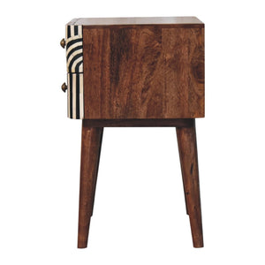 HomeRoots 23" Handcrafted Black, White & Brown Geometric Bone Inlay Nightstand with Two Spacious Drawers 651501