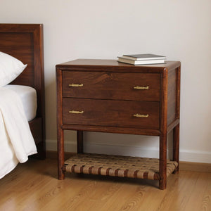 HomeRoots 32" Elegant Solid Wood Nightstand with Leather Shelf & Brass Handles - Versatile Storage Solution 651505