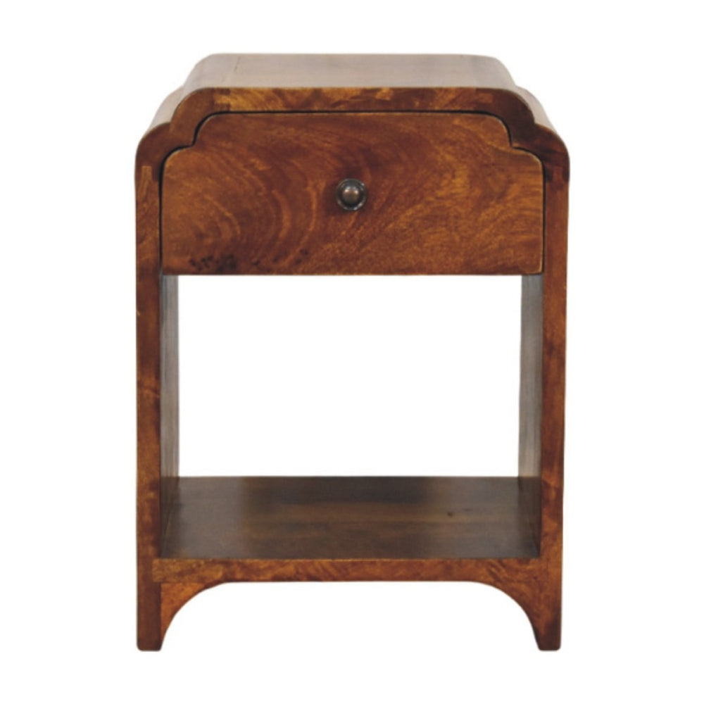 HomeRoots 16" Handcrafted Chestnut Mango Wood Nightstand with Scalloped Edge and Storage Shelf for Versatility 651508