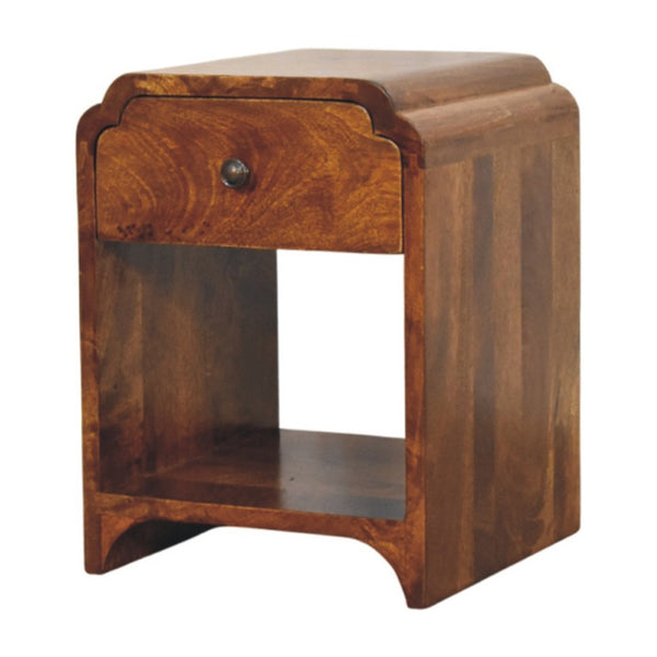 HomeRoots 16" Handcrafted Chestnut Mango Wood Nightstand with Scalloped Edge and Storage Shelf for Versatility 651508