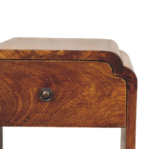 HomeRoots 16" Handcrafted Chestnut Mango Wood Nightstand with Scalloped Edge and Storage Shelf for Versatility 651508