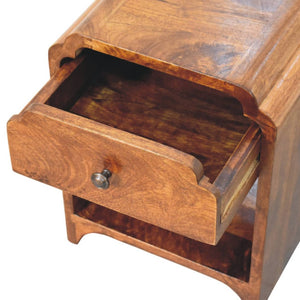 HomeRoots 16" Handcrafted Chestnut Mango Wood Nightstand with Scalloped Edge and Storage Shelf for Versatility 651508