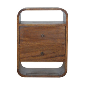HomeRoots 22" Chestnut Mango Wood Nightstand with Curved Top, Two Drawers & Versatile Design for Small Spaces 651511