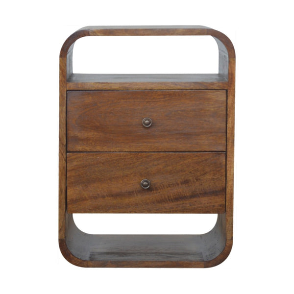 HomeRoots 22" Chestnut Mango Wood Nightstand with Curved Top, Two Drawers & Versatile Design for Small Spaces 651511