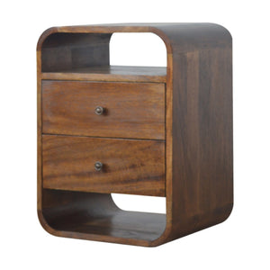 HomeRoots 22" Chestnut Mango Wood Nightstand with Curved Top, Two Drawers & Versatile Design for Small Spaces 651511