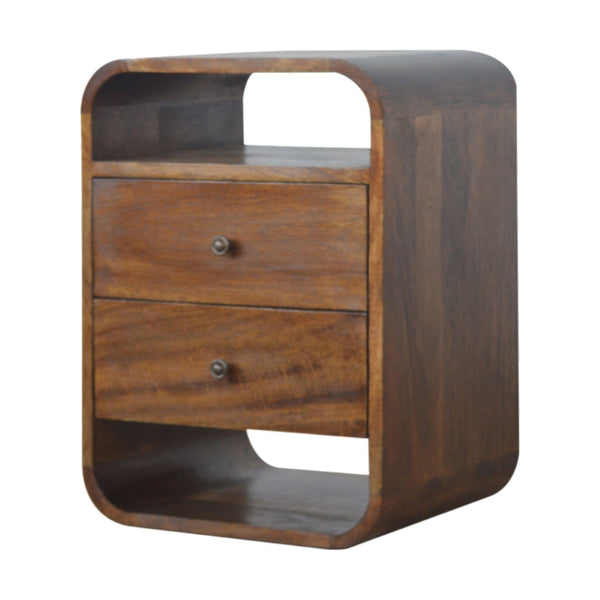 HomeRoots 22" Chestnut Mango Wood Nightstand with Curved Top, Two Drawers & Versatile Design for Small Spaces 651511