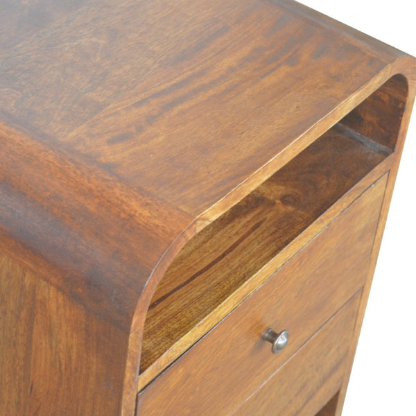 HomeRoots 22" Chestnut Mango Wood Nightstand with Curved Top, Two Drawers & Versatile Design for Small Spaces 651511