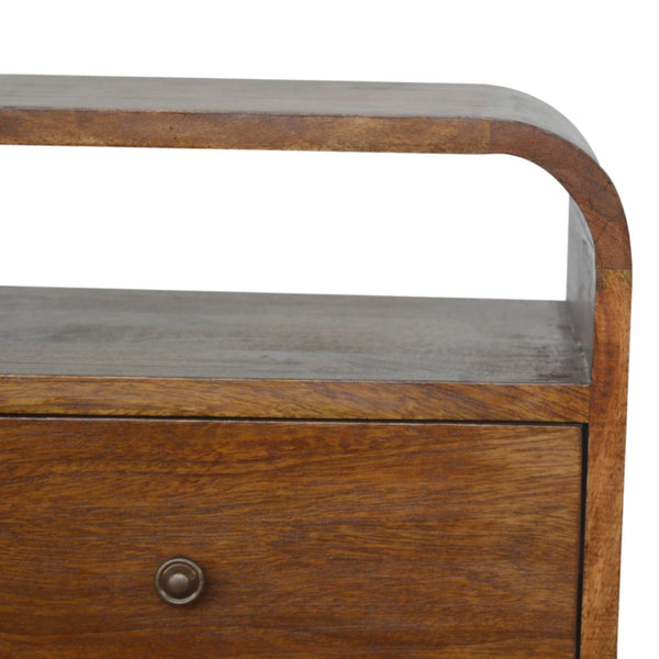 HomeRoots 22" Chestnut Mango Wood Nightstand with Curved Top, Two Drawers & Versatile Design for Small Spaces 651511