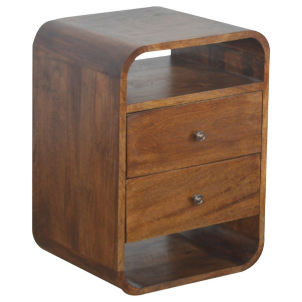 HomeRoots 22" Chestnut Mango Wood Nightstand with Curved Top, Two Drawers & Versatile Design for Small Spaces 651511