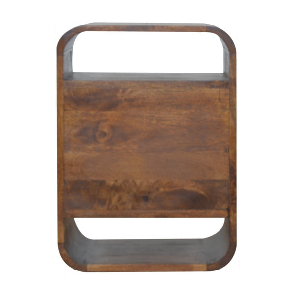 HomeRoots 22" Chestnut Mango Wood Nightstand with Curved Top, Two Drawers & Versatile Design for Small Spaces 651511
