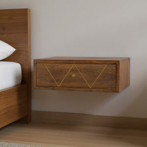 HomeRoots 18" Brown Solid Wood Floating Nightstand with Brass Geometric Inlay & Hidden Drawer - Modern Chic 651513