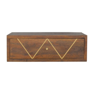 HomeRoots 18" Brown Solid Wood Floating Nightstand with Brass Geometric Inlay & Hidden Drawer - Modern Chic 651513
