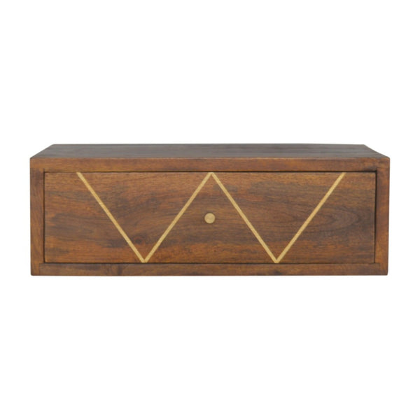 HomeRoots 18" Brown Solid Wood Floating Nightstand with Brass Geometric Inlay & Hidden Drawer - Modern Chic 651513
