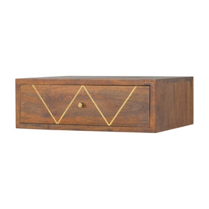 HomeRoots 18" Brown Solid Wood Floating Nightstand with Brass Geometric Inlay & Hidden Drawer - Modern Chic 651513