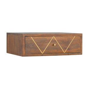 HomeRoots 18" Brown Solid Wood Floating Nightstand with Brass Geometric Inlay & Hidden Drawer - Modern Chic 651513