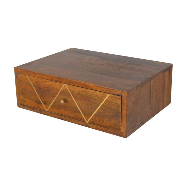 HomeRoots 18" Brown Solid Wood Floating Nightstand with Brass Geometric Inlay & Hidden Drawer - Modern Chic 651513