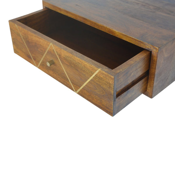 HomeRoots 18" Brown Solid Wood Floating Nightstand with Brass Geometric Inlay & Hidden Drawer - Modern Chic 651513