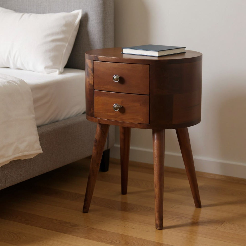 HomeRoots 20" Brown Solid Wood Oval Nightstand with Distressed Finish - Vintage Charm & Practical Storage Solutions 651515
