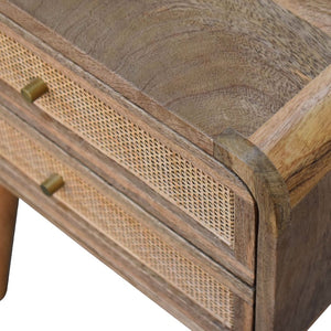 HomeRoots 22" Handcrafted Solid Mango Wood Nightstand with Cane Rattan Drawers – Rustic Storage Solution 651516