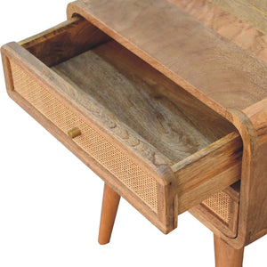 HomeRoots 22" Handcrafted Solid Mango Wood Nightstand with Cane Rattan Drawers – Rustic Storage Solution 651516