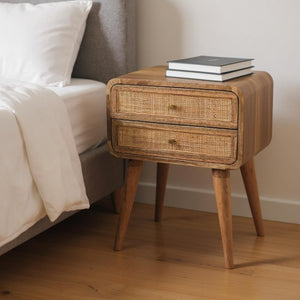 HomeRoots 22" Handcrafted Solid Mango Wood Nightstand with Cane Rattan Drawers – Rustic Storage Solution 651516