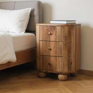 HomeRoots 23" Round Three Drawer Nightstand in Natural Mango Wood with Rustic Ribbed Texture for Stylish Storage 651517