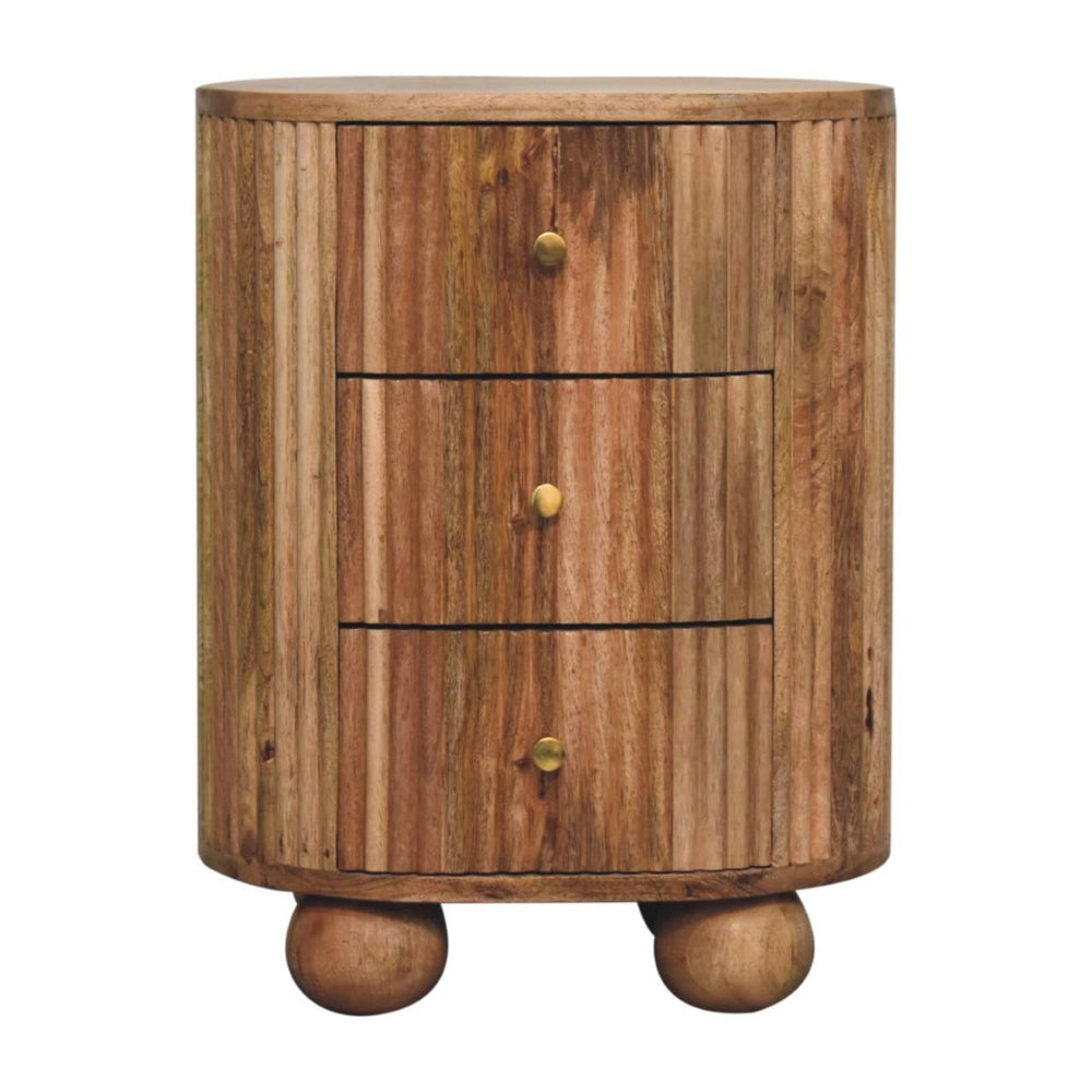 HomeRoots 23" Round Three Drawer Nightstand in Natural Mango Wood with Rustic Ribbed Texture for Stylish Storage 651517