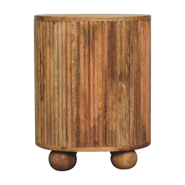 HomeRoots 23" Round Three Drawer Nightstand in Natural Mango Wood with Rustic Ribbed Texture for Stylish Storage 651517
