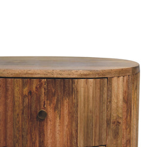 HomeRoots 23" Round Three Drawer Nightstand in Natural Mango Wood with Rustic Ribbed Texture for Stylish Storage 651517