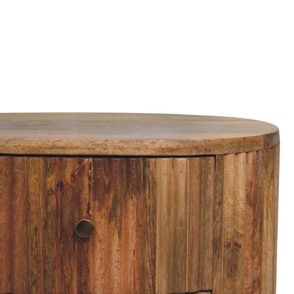 HomeRoots 23" Round Three Drawer Nightstand in Natural Mango Wood with Rustic Ribbed Texture for Stylish Storage 651517
