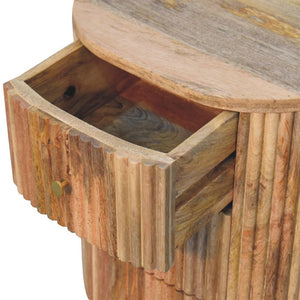 HomeRoots 23" Round Three Drawer Nightstand in Natural Mango Wood with Rustic Ribbed Texture for Stylish Storage 651517