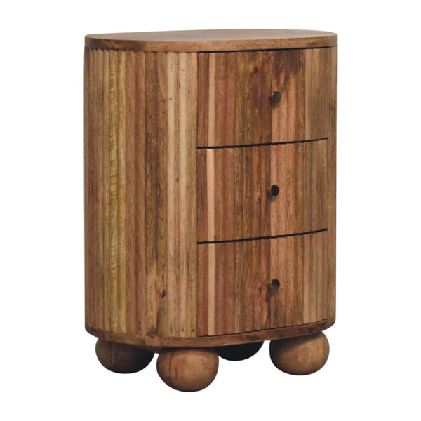 HomeRoots 23" Round Three Drawer Nightstand in Natural Mango Wood with Rustic Ribbed Texture for Stylish Storage 651517