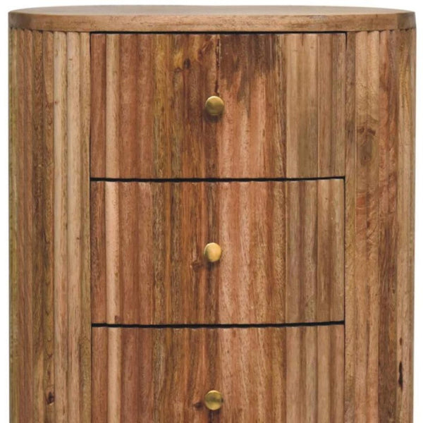 HomeRoots 23" Round Three Drawer Nightstand in Natural Mango Wood with Rustic Ribbed Texture for Stylish Storage 651517