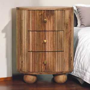 HomeRoots 23" Round Three Drawer Nightstand in Natural Mango Wood with Rustic Ribbed Texture for Stylish Storage 651517