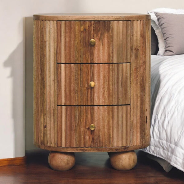 HomeRoots 23" Round Three Drawer Nightstand in Natural Mango Wood with Rustic Ribbed Texture for Stylish Storage 651517