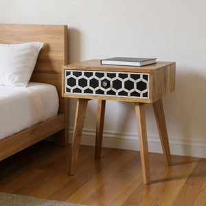 HomeRoots 22" Handcrafted Solid Wood Nightstand with Geometric Bone Inlay – Stylish Storage for Any Space 651519