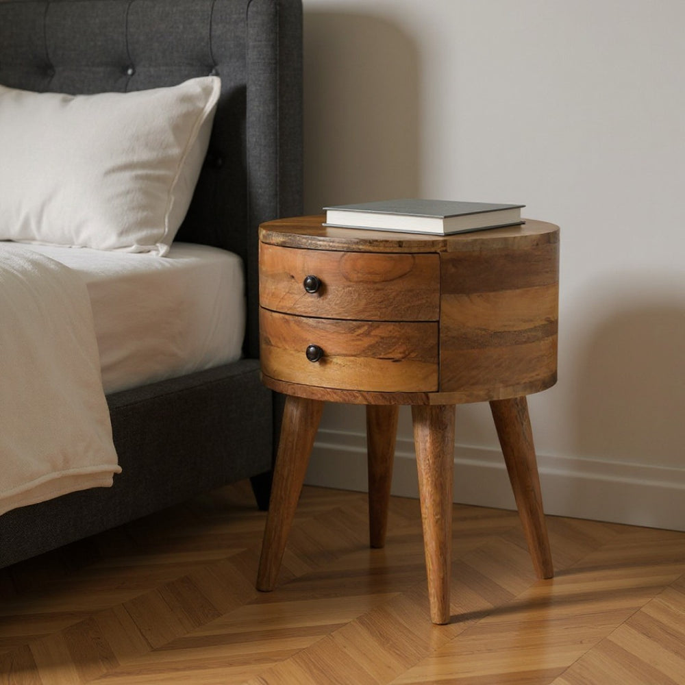 HomeRoots 20" Solid Wood Round Nightstand - Rustic Two-Drawer Table for Bedroom, Office, or Living Spaces 651520