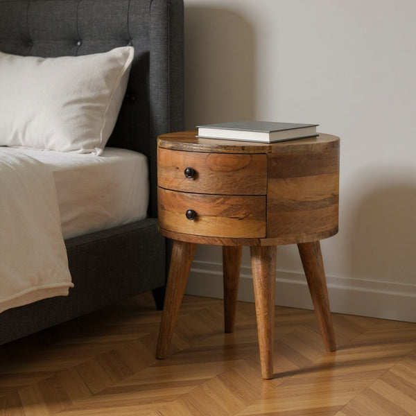 HomeRoots 20" Solid Wood Round Nightstand - Rustic Two-Drawer Table for Bedroom, Office, or Living Spaces 651520