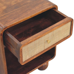 HomeRoots 21" Chestnut Solid Wood Nightstand with Cane Rattan, Handcrafted Storage for Modern Living Spaces 651522