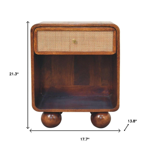HomeRoots 21" Chestnut Solid Wood Nightstand with Cane Rattan, Handcrafted Storage for Modern Living Spaces 651522