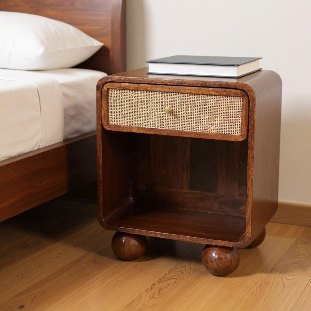 HomeRoots 21" Chestnut Solid Wood Nightstand with Cane Rattan, Handcrafted Storage for Modern Living Spaces 651522