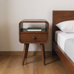 HomeRoots 22" Brown Mango Wood Nightstand - Handcrafted Bedside Table with Drawer & Open Shelf for Storage 651524