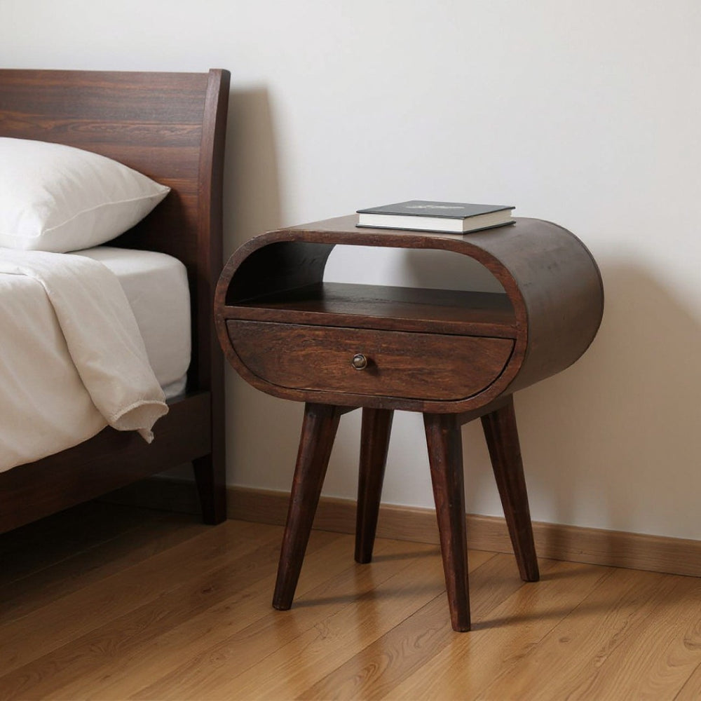 HomeRoots 21" Elegant Walnut Solid Wood Oval Nightstand with Drawer - Perfect for Small Spaces & Storage 651529
