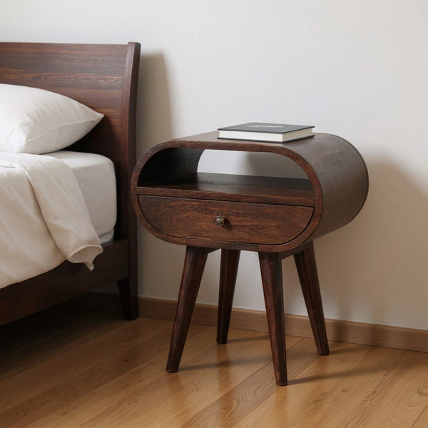 HomeRoots 21" Elegant Walnut Solid Wood Oval Nightstand with Drawer - Perfect for Small Spaces & Storage 651529