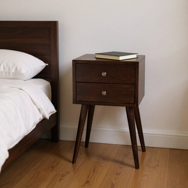 HomeRoots 22" Walnut Solid Wood Nightstand - Handcrafted Mid-Century Two-Drawer Table for Versatile Storage 651530