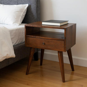 HomeRoots 22" Chestnut Solid Wood Nightstand with Drawer & Open Shelf – Stylish Storage for Any Space! 651531