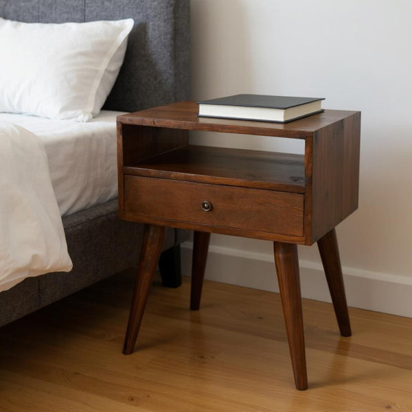 HomeRoots 22" Chestnut Solid Wood Nightstand with Drawer & Open Shelf – Stylish Storage for Any Space! 651531