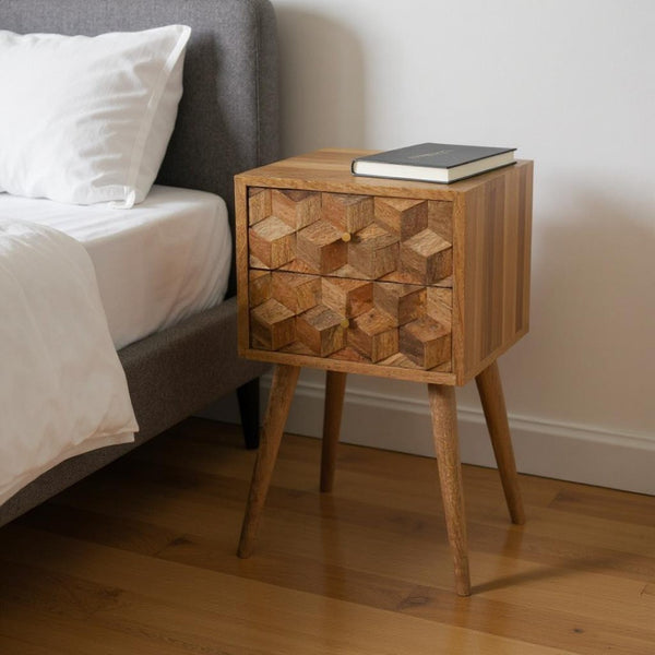 HomeRoots 24" Handcrafted Solid Mango Wood Nightstand with Geometric Carving – Stylish Storage for Any Space 651532